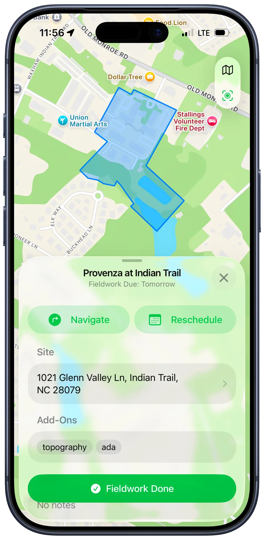 Cubic mobile app showing a fieldwork site